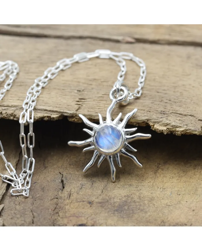 Sunburst Moonstone Pendant – 925 Sterling Silver Minimalist Necklace