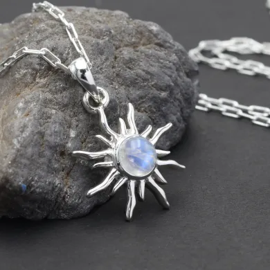 Sunburst Moonstone Pendant – 925 Sterling Silver Minimalist Necklace