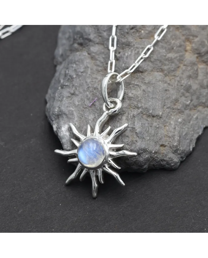 Sunburst Moonstone Pendant – 925 Sterling Silver Minimalist Necklace