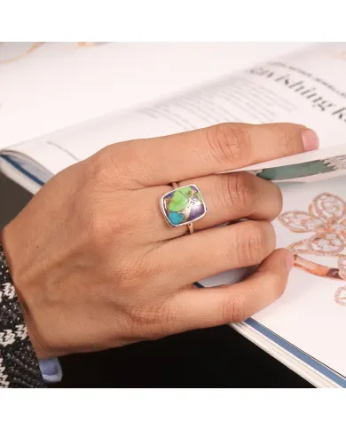 Green Purple Copper Turquoise Ring | 925 Sterling Silver Statement Jewelry