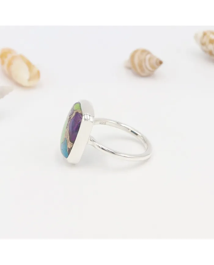 Green Purple Copper Turquoise Ring | 925 Sterling Silver Statement Jewelry