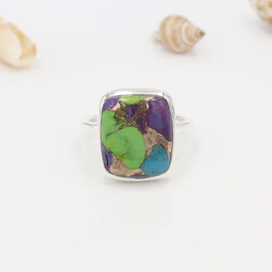 Green Purple Copper Turquoise Ring | 925 Sterling Silver Statement Jewelry