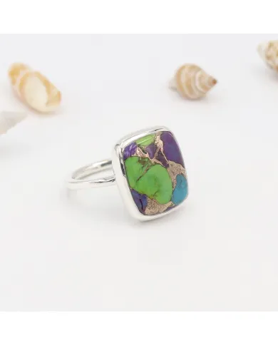 Green Purple Copper Turquoise Ring | 925 Sterling Silver Statement Jewelry