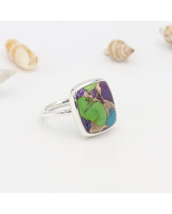 Green Purple Copper Turquoise Ring | 925 Sterling Silver Statement Jewelry