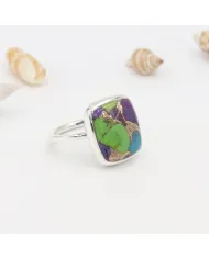 Green Purple Copper Turquoise Ring | 925 Sterling Silver Statement Jewelry