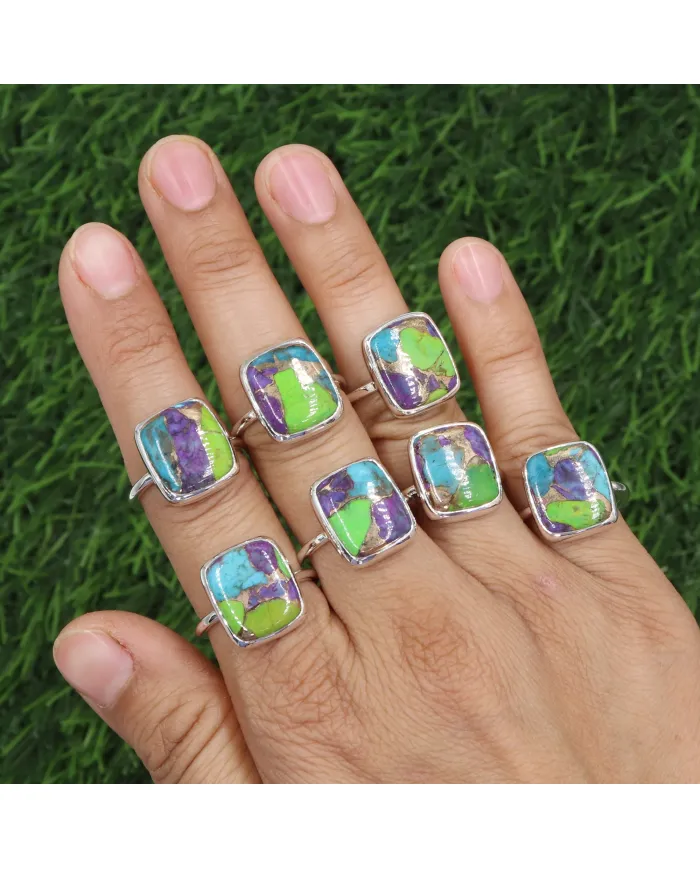 Green Purple Copper Turquoise Ring | 925 Sterling Silver Statement Jewelry