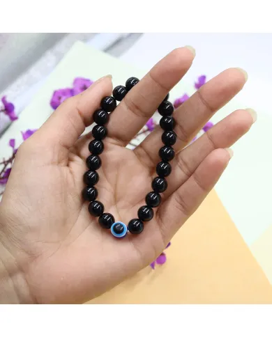 Black Onyx Evil Eye Bracelet | Handmade Stretchable Beaded Jewelry