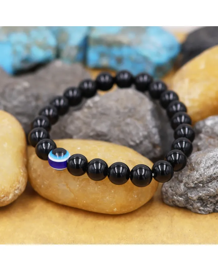 Black Onyx Evil Eye Bracelet | Handmade Stretchable Beaded Jewelry