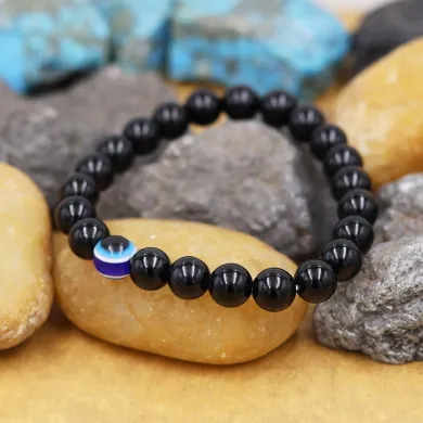 Black Onyx Evil Eye Bracelet | Handmade Stretchable Beaded Jewelry