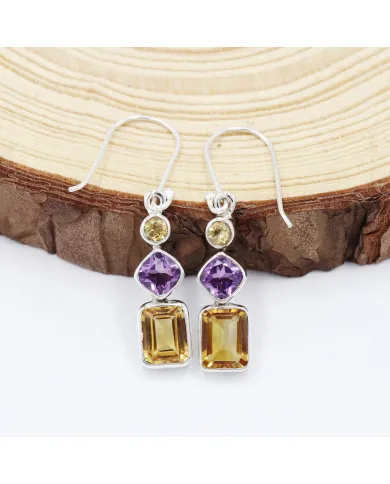Citrine & Amethyst Gemstone Dangle Earrings in 925 Sterling Silver