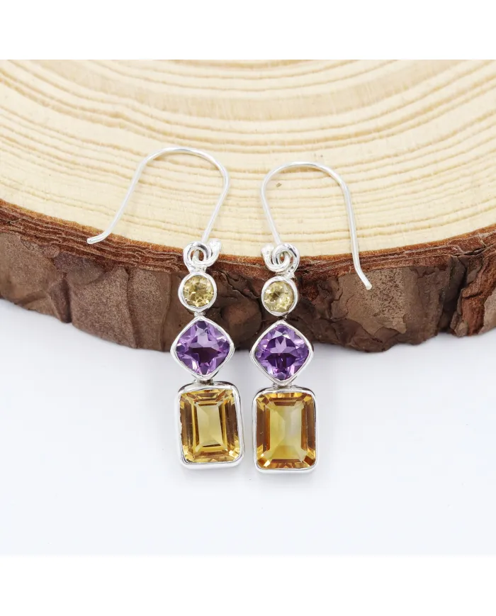 Citrine & Amethyst Gemstone Dangle Earrings in 925 Sterling Silver
