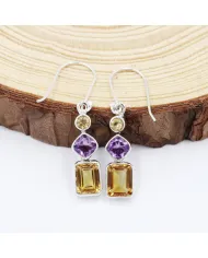 Citrine & Amethyst Gemstone Dangle Earrings in 925 Sterling Silver