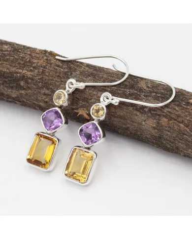 Citrine & Amethyst Gemstone Dangle Earrings in 925 Sterling Silver