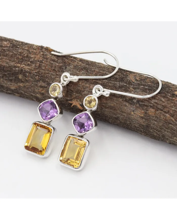 Citrine & Amethyst Gemstone Dangle Earrings in 925 Sterling Silver