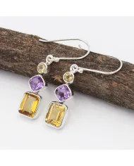Citrine & Amethyst Gemstone Dangle Earrings in 925 Sterling Silver