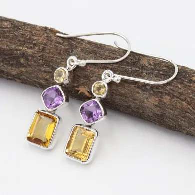 Citrine & Amethyst Gemstone Dangle Earrings in 925 Sterling Silver
