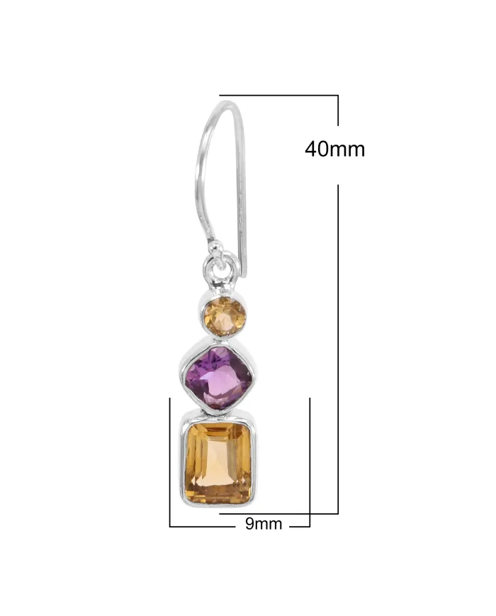 Citrine & Amethyst Gemstone Dangle Earrings in 925 Sterling Silver