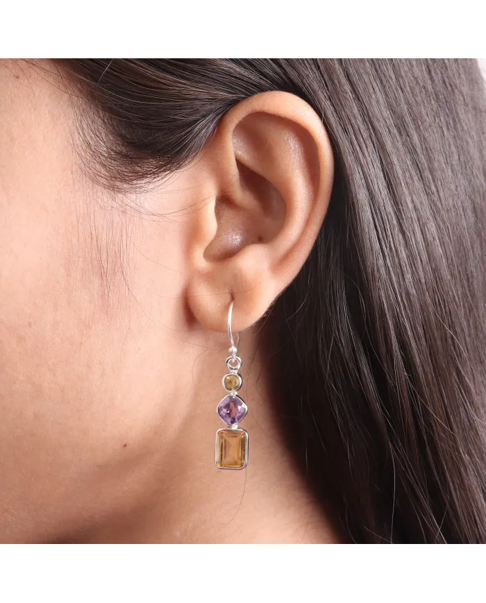 Citrine & Amethyst Gemstone Dangle Earrings in 925 Sterling Silver