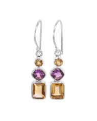 Citrine & Amethyst Gemstone Dangle Earrings in 925 Sterling Silver