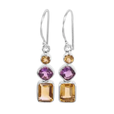 Citrine & Amethyst Gemstone Dangle Earrings in 925 Sterling Silver