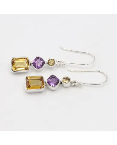 Citrine & Amethyst Gemstone Dangle Earrings in 925 Sterling Silver
