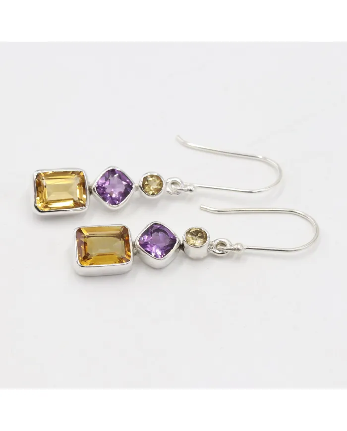 Citrine & Amethyst Gemstone Dangle Earrings in 925 Sterling Silver