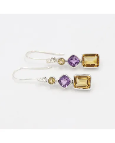 Citrine & Amethyst Gemstone Dangle Earrings in 925 Sterling Silver
