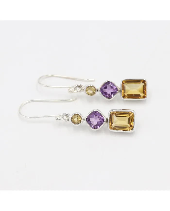 Citrine & Amethyst Gemstone Dangle Earrings in 925 Sterling Silver