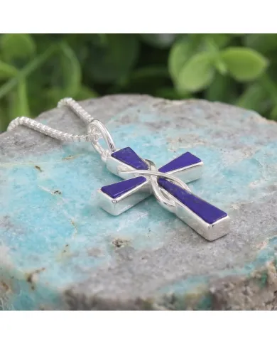 Lapis Lazuli Cross Pendant 925 Sterling Silver Handmade Christmas Gift