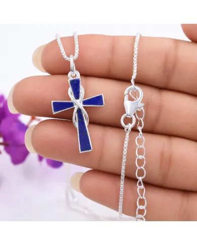 Lapis Lazuli Cross Pendant 925 Sterling Silver Handmade Christmas Gift