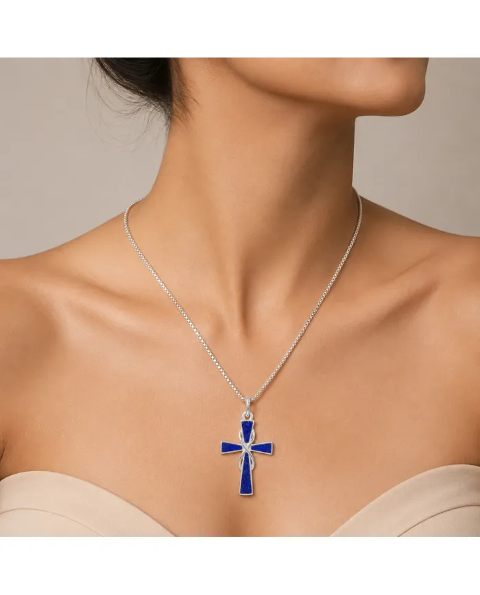 Lapis Lazuli Cross Pendant 925 Sterling Silver Handmade Christmas Gift