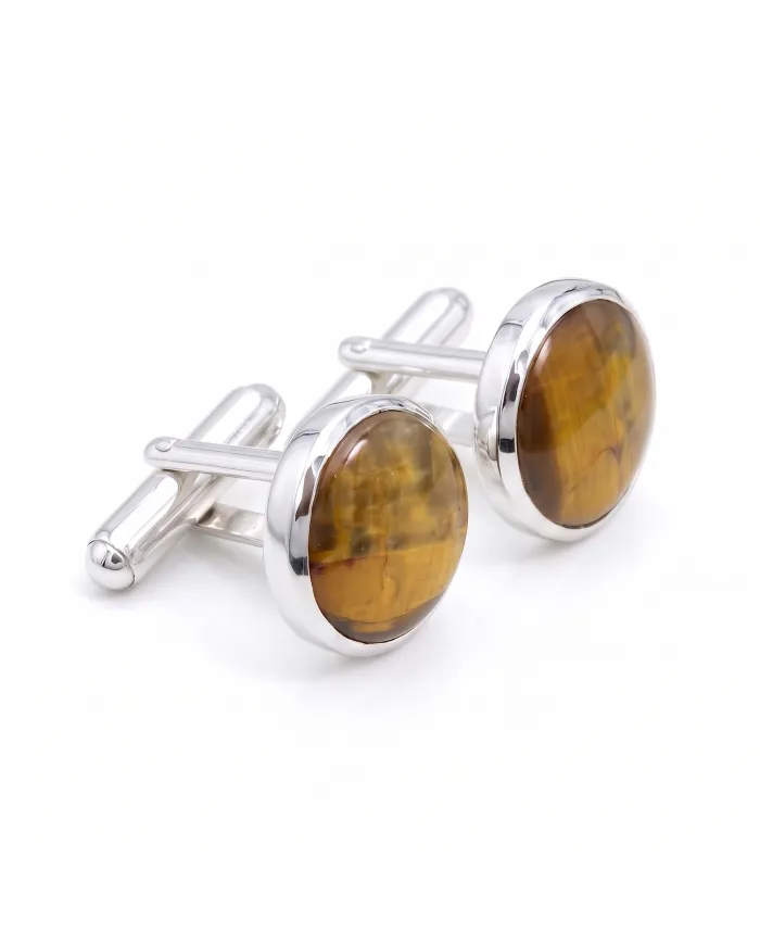 Pietersite Round Gemstone Cufflinks | 925 Sterling Silver Gift for Men