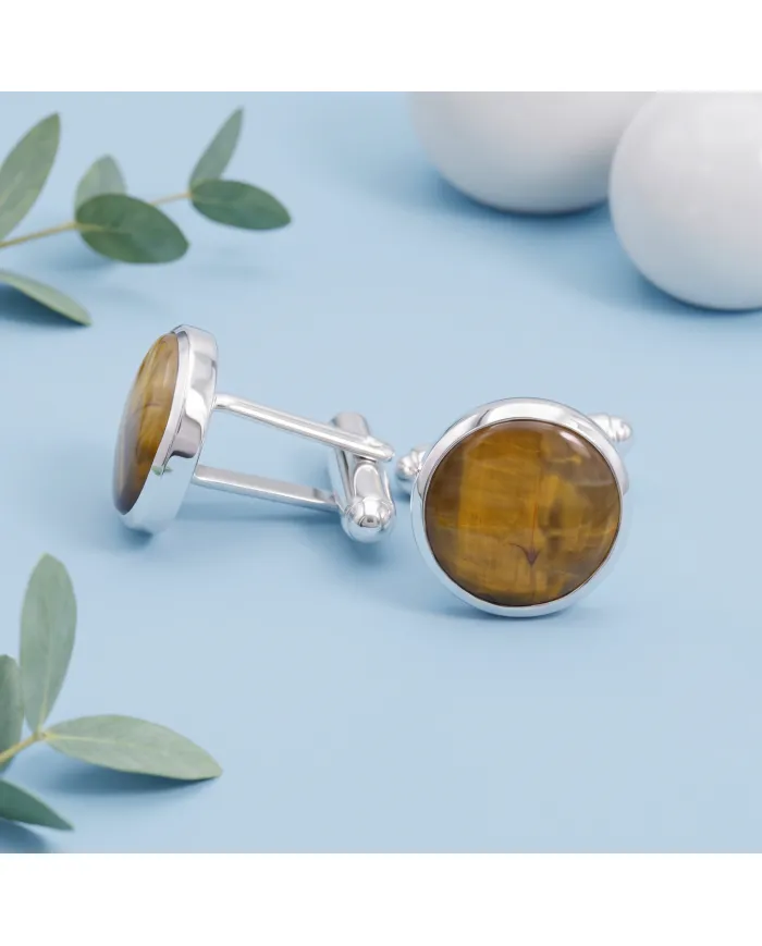 Pietersite Round Gemstone Cufflinks | 925 Sterling Silver Gift for Men