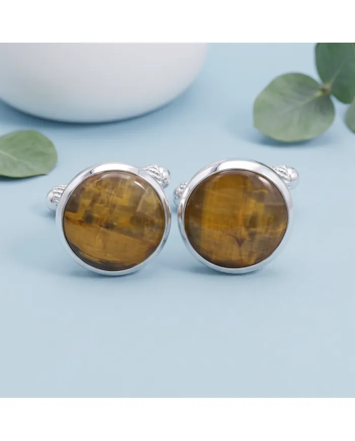 Pietersite Round Gemstone Cufflinks | 925 Sterling Silver Gift for Men
