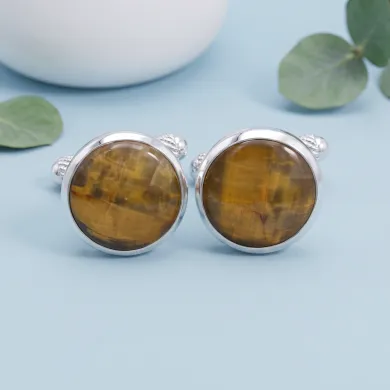 Pietersite Round Gemstone Cufflinks | 925 Sterling Silver Gift for Men