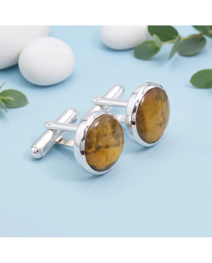 Pietersite Round Gemstone Cufflinks | 925 Sterling Silver Gift for Men