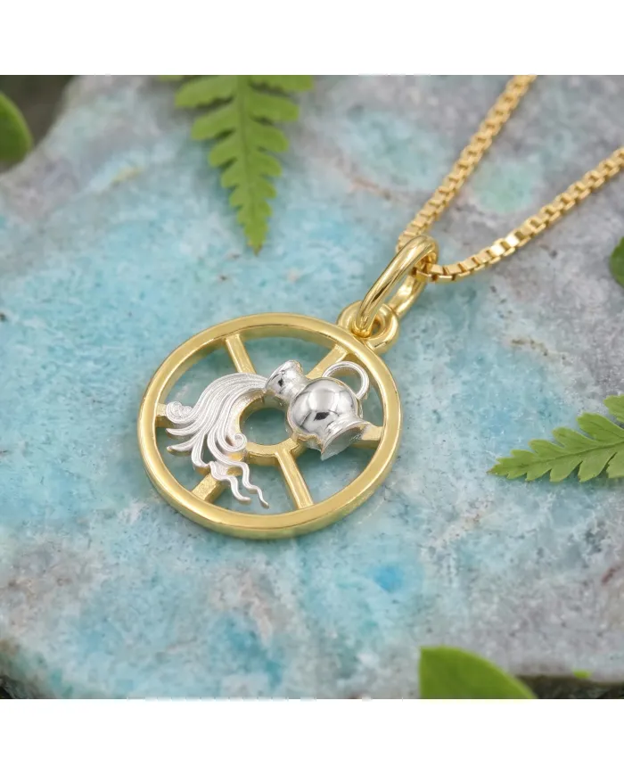 Aquarius Zodiac Pendant | 18K Gold-Plated Two-Tone Astrology Jewelry