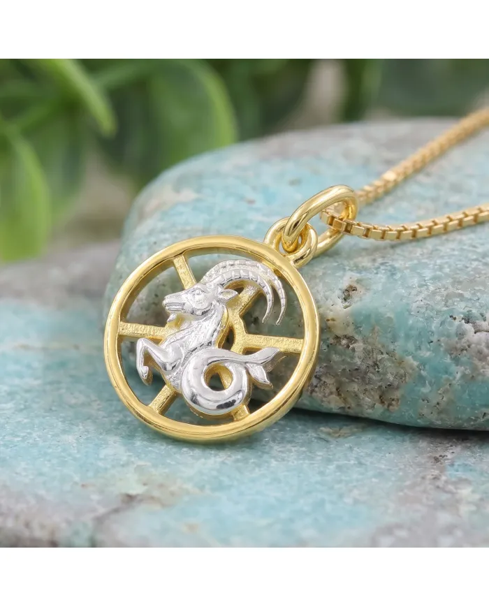 Capricorn Zodiac Sign Pendant 18K Gold Plated Two Tone Silver Jewelry