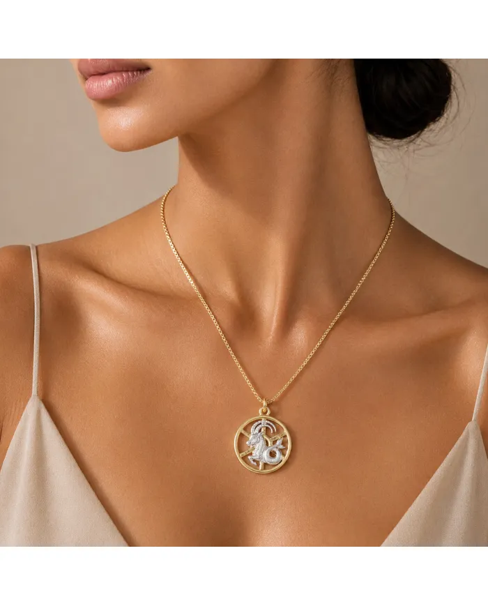 Capricorn Zodiac Sign Pendant 18K Gold Plated Two Tone Silver Jewelry