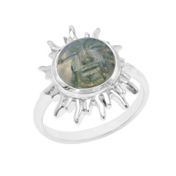 Moss Agate Gemstone Handmade Face Carving Solid Sterling Silver Handmade Ring For Women