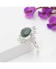 Moss Agate Gemstone Handmade Face Carving Solid Sterling Silver Handmade Ring For Women