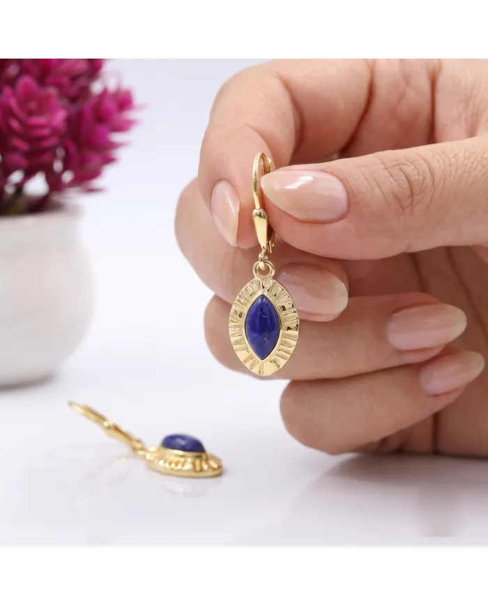 18K Gold Plated Marquise Shape Lapis Lazuli Dangle Earrings for Women