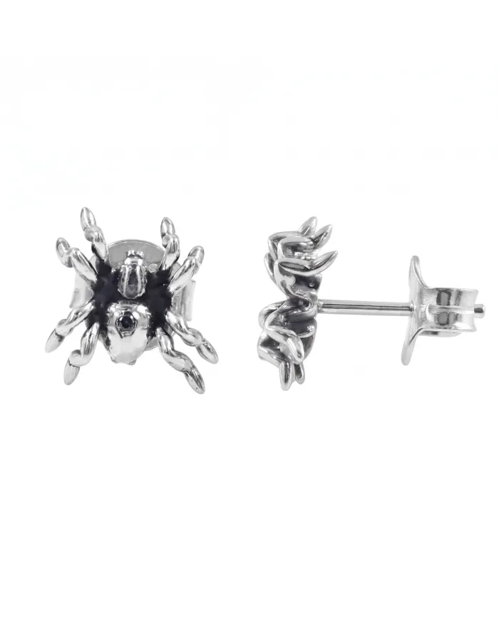 925 Sterling Silver Oxidized Spider Stud Earrings - Handmade Jewelry