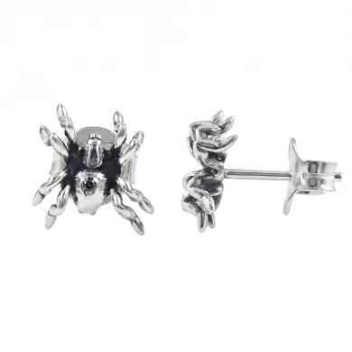 925 Sterling Silver Oxidized Spider Stud Earrings - Handmade Jewelry