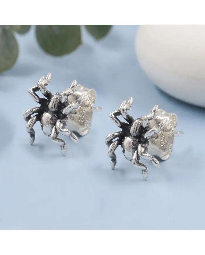 925 Sterling Silver Oxidized Spider Stud Earrings - Handmade Jewelry