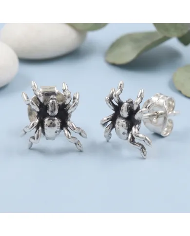 925 Sterling Silver Oxidized Spider Stud Earrings - Handmade Jewelry