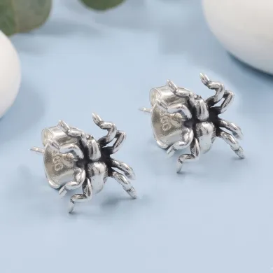 925 Sterling Silver Oxidized Spider Stud Earrings - Handmade Jewelry