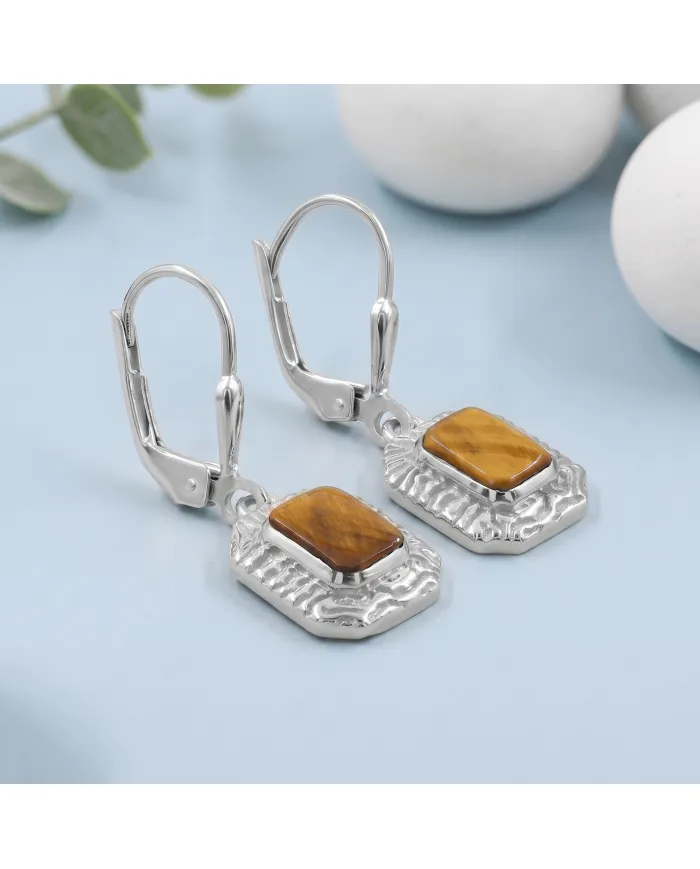 Tiger Eye Drop Earrings - 925 Sterling Silver Handmade Gemstone Jewelry