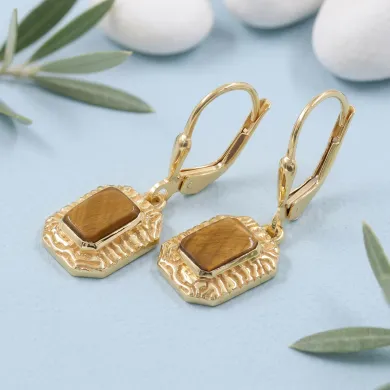 18K Gold Plated Tiger Eye Earrings - Sterling Silver Gemstone Jewelry