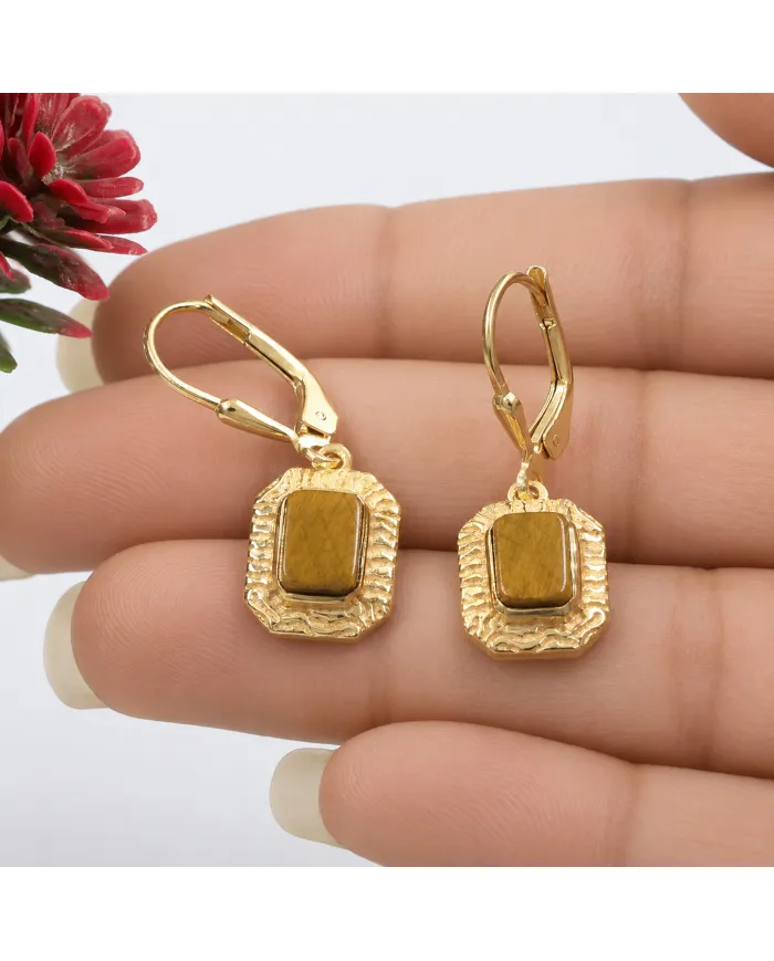 18K Gold Plated Tiger Eye Earrings - Sterling Silver Gemstone Jewelry